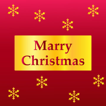 Elegant Merry Christmas lettering design with shining gold glittering snowflakes in gold frame on red background. Vector illustration EPS 10