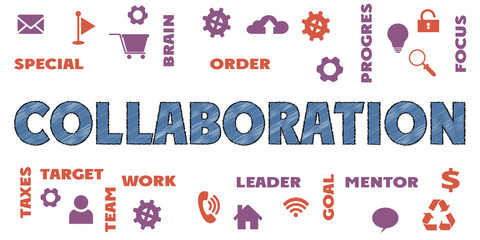 COLLABORATION Panoramic Banner with icons and tags, words. Hi tech concept. Modern style