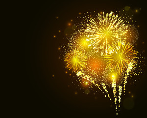 Vector golden fireworks explosion on dark background. New Year celebration firework