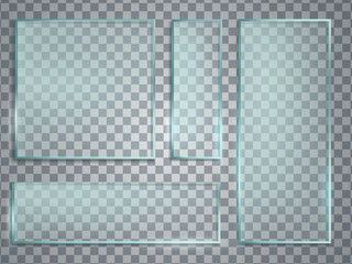 Green glass plate realistic vector set. Glass texture with shado