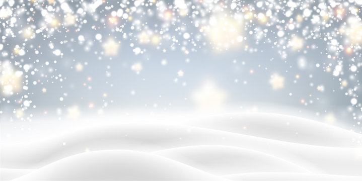 Grey blurred poster with winter landscape and snow for seasonal, Christmas and New Year decoration.