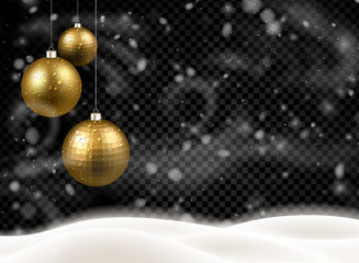 Christmas and New Year poster with golden Christmas balls, winter landscape and blizzard.