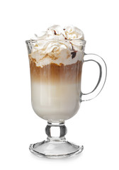 Cold coffee covered with whipped cream and chocolate in glass on white background