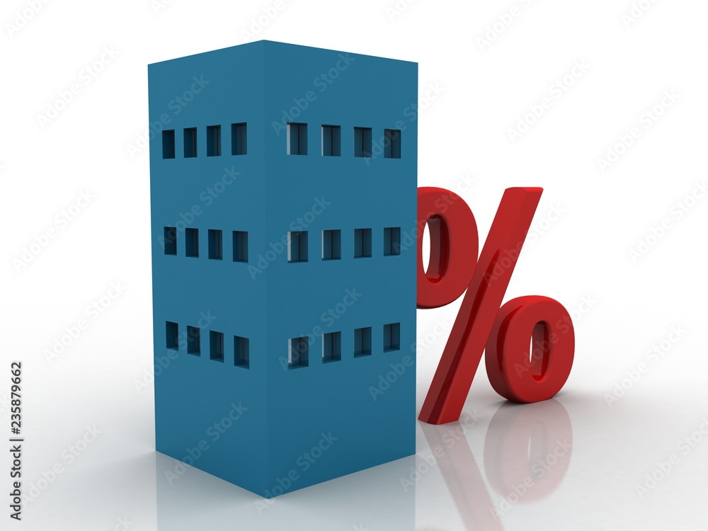 Poster 3d rendering percentage icon with building