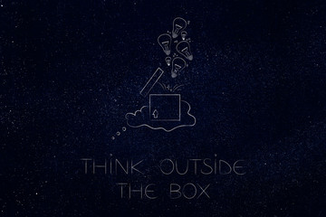 Fototapeta na wymiar think outside the box with ideas popping out from inside a thought bubble