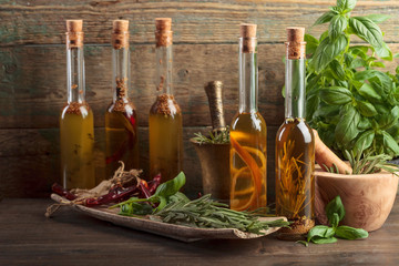 Olive oil with different spices and herbs.