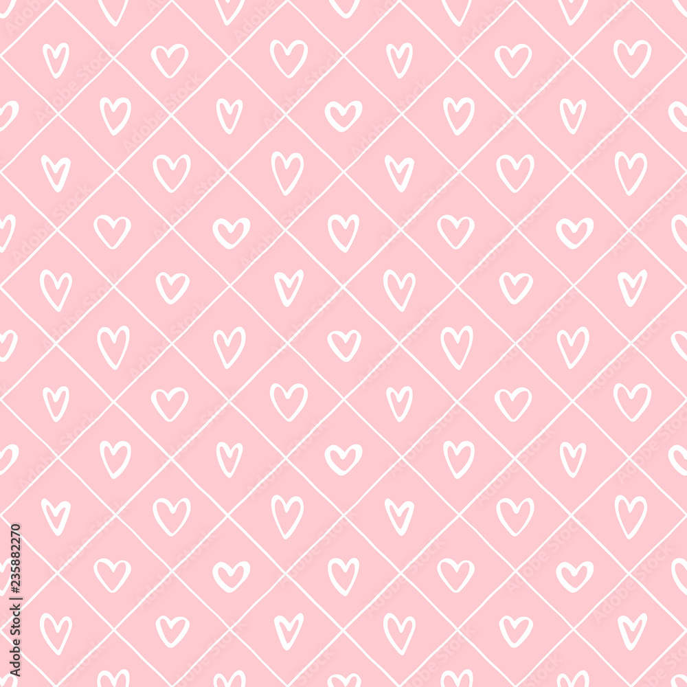 Poster valentines day background. doodle style various hearts and crossing diagonal stripes, streaks seamle