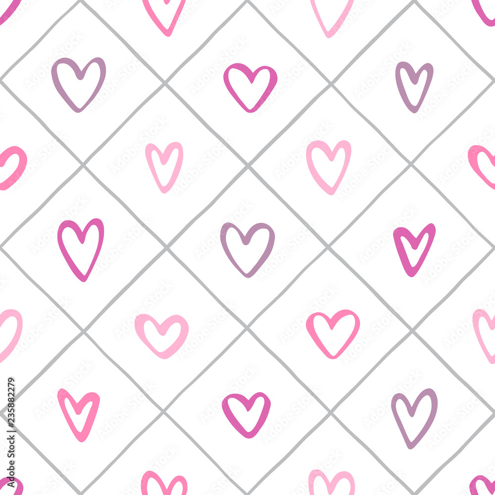 Poster doodle style various hearts and crossing diagonal stripes, streaks seamless vector repeat pattern. v