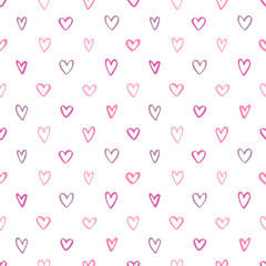 Doodle style uneven tiny different outline hearts seamless repeat vector pattern. Valentines day hand drawn background, template. Various cute little heart shapes regular texture.