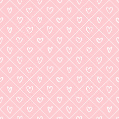 Valentines day background. Doodle style various hearts and crossing diagonal stripes, streaks seamless vector repeat pattern. Uneven hand drawn lattice, square grid, trellis, grating regular texture.