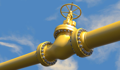 3D illustration of  oil/gas pipeline valves with a bright blue partially overcast sky background.