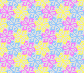 Colorful mosaic from snowflakes in techno style. Seamless pattern.
