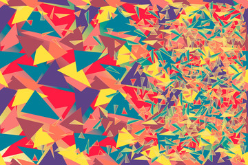 Vector abstract geometric background chaotic multitude of bright red, pink, purple, yellow, blue triangles for desing wallpaper, cover page, web site, card, business banner.