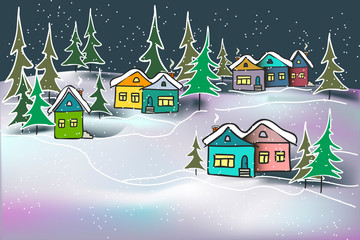 Vector background illustration cute cozy night winter landscape caramel multicolored houses and firs in snow drifts for card, typographic print, cover page, web site, banner.