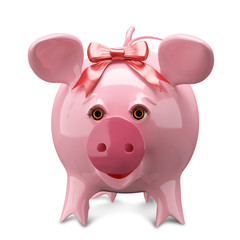 3D Illustration Pink Pig with a Bow