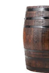 Obraz premium Wooden barrel with iron rings. Isolated on white background.