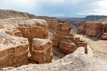 Charyn Canyon in Almaty region of Kazakhstan. Beautiful view of the canyon from the observation deck