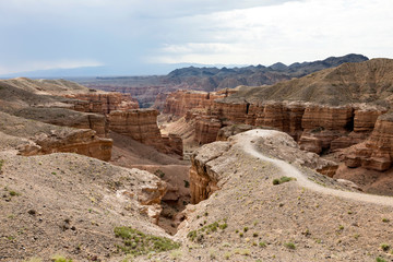 Charyn Canyon in Almaty region of Kazakhstan. Beautiful view of the canyon from the observation deck