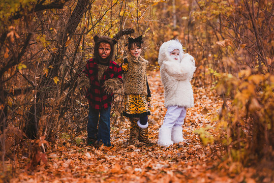 Three children standing in a forest dressed in Halloween costumes, United States