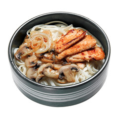 Udon with fried meat and mushrooms. Isolated on white background. Menu.