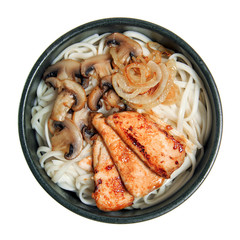 Udon with fried meat and mushrooms. Isolated on white background. Menu.