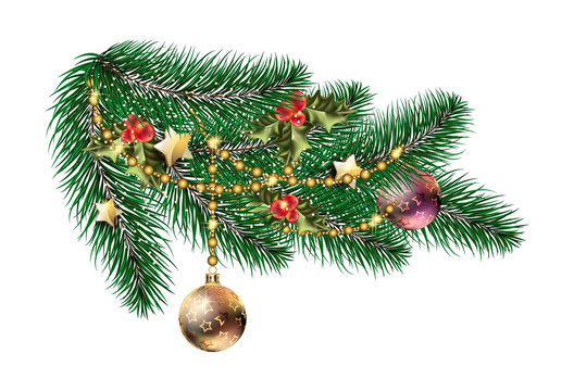 Christmas decoration with toys, pine cones, Christmas tree branches and garlands. realistic illustration white background
