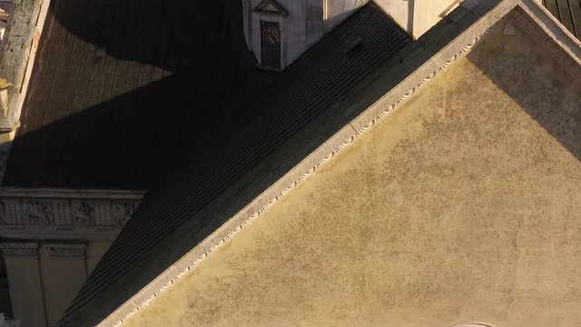 Aerial view of the historical center of Zhovkva, Lviv region, Ukraine. Shooting with drone