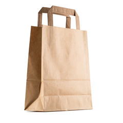 Close-up empty shopping hand bag with recycle paper isolated on white background