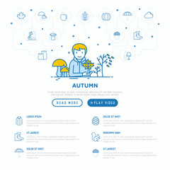 Autumn concept:  man in park with mushrooms and maple. Thin line icons: oak leaves, apple, pumpkin, umbrella, rain, candles, acorn, rubber boots, raincoat. Vector illustration, web page template.