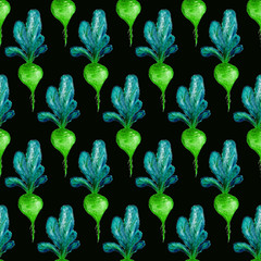 Watercolor Vegan Pattern. Seamless Hand Drawn  Vegetables. Healthy Food Print. Gardening Background. Greenery Repeatable Design for Menu, Restaurant, Salat Bar, Farmers Market. Beetroot. Vegetarian.