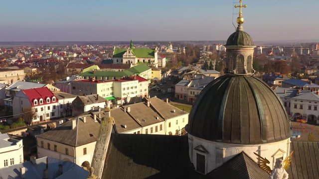Aerial view of the historical center of Zhovkva, Lviv region, Ukraine. Shooting with drone