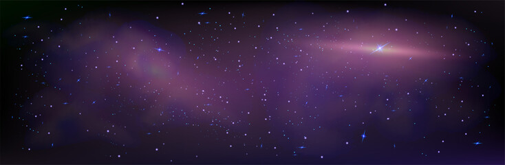 Wide vector illustration of space. Space background with planets and stars. Space exploration. Gradient Fluid Design.