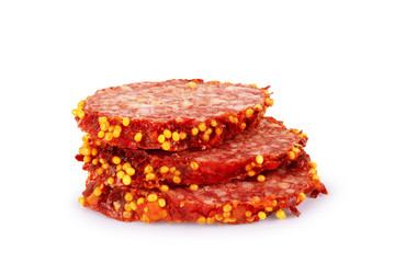 Slices of salami. Isolated on a white background. sausage cut.uncooked smoked.