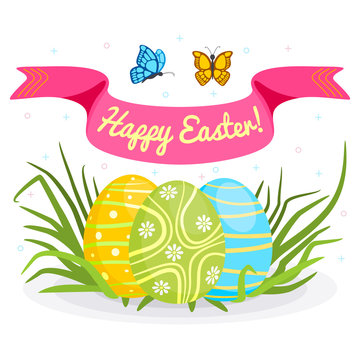 Concept of Happy Easter and spring. Colorful Easter eggs on green grass, banner with Easter wishes. Vector illustration in cartoon style.