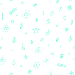 Collection of Christmas snowflakes, modern flat design. Seamless pattern. Endless texture. Can be used for printed materials.  Winter holiday background. Hand drawn design elements. Festive card.