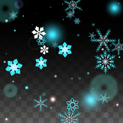 Christmas  Vector Background with Blue Falling Snowflakes Isolated on Transparent Background. Realistic Snow Sparkle Pattern. Snowfall Overlay Print. Winter Sky. Design for Party Invitation.
