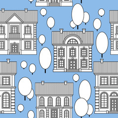 Set of Monochrome houses. Flat style Vector Seamless Pattern.