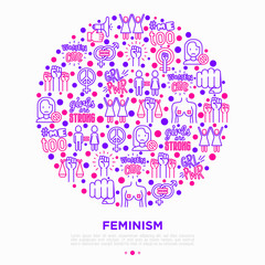 Feminism concept in circle with thin line icons: women's rights, girl power, gender equality, sex dicrimination, me too, protest, girls are strong. Modern vector illustration, print media template.