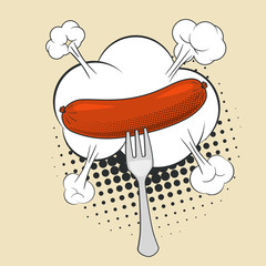Grilled sausage on a fork, pop art retro comic style white background