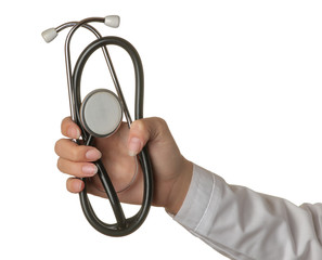 Doctor woman's hand is holding a stethoscope on white isolated background. hand gestures