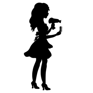 recommend clip art: Young girl, hairdresser with a hair dryer and comb in hands, black silhouette
