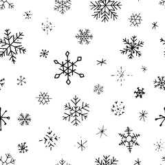 Collection of Christmas snowflakes, modern flat design. Seamless pattern. Endless texture. Can be used for printed materials.  Winter holiday background. Hand drawn design elements. Festive card.