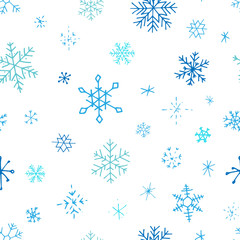 Collection of Christmas snowflakes, modern flat design. Seamless pattern. Endless texture. Can be used for printed materials.  Winter holiday background. Hand drawn design elements. Festive card.