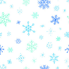 Collection of Christmas snowflakes, modern flat design. Seamless pattern. Endless texture. Can be used for printed materials.  Winter holiday background. Hand drawn design elements. Festive card.
