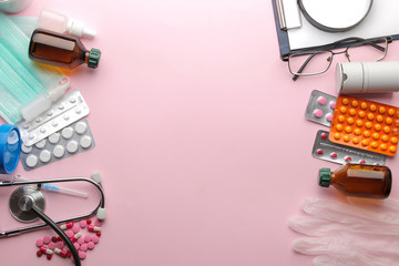 Table doctor. Medical equipment on a bright pink background. view from above. with space for inscription. Flat lay