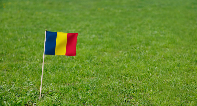 Chad flag. Photo of  Chad flag on a green grass lawn background. Close up of national flag waving outdoors.