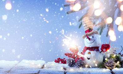 art Snowman and Christmas tree decoration; background or season holidays banner
