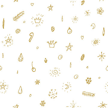 Collection of christmas festive decorations, modern flat design. Seamless pattern. Endless texture. Can be used for printed materials.  Winter holiday background. Hand drawn design elements. 