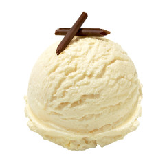 Vanilla ice cream scoop with chocolate curl isolated on white backgound