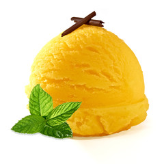 Apricot, mango or lemon ice cream scoop with chocolate curl isolated on white background
